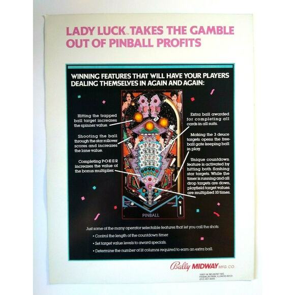 Lady Luck Pinball Flyer 1986 Original Game Art Print Promo Card Theme Vintage - Picture 3 of 4